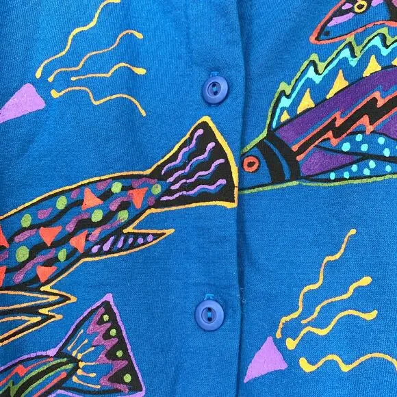 VTG 80s Basic Threads Jumpsuit Womens Apx Sz S Blue Fish Graphics Art To Wear - Picture 6 of 6